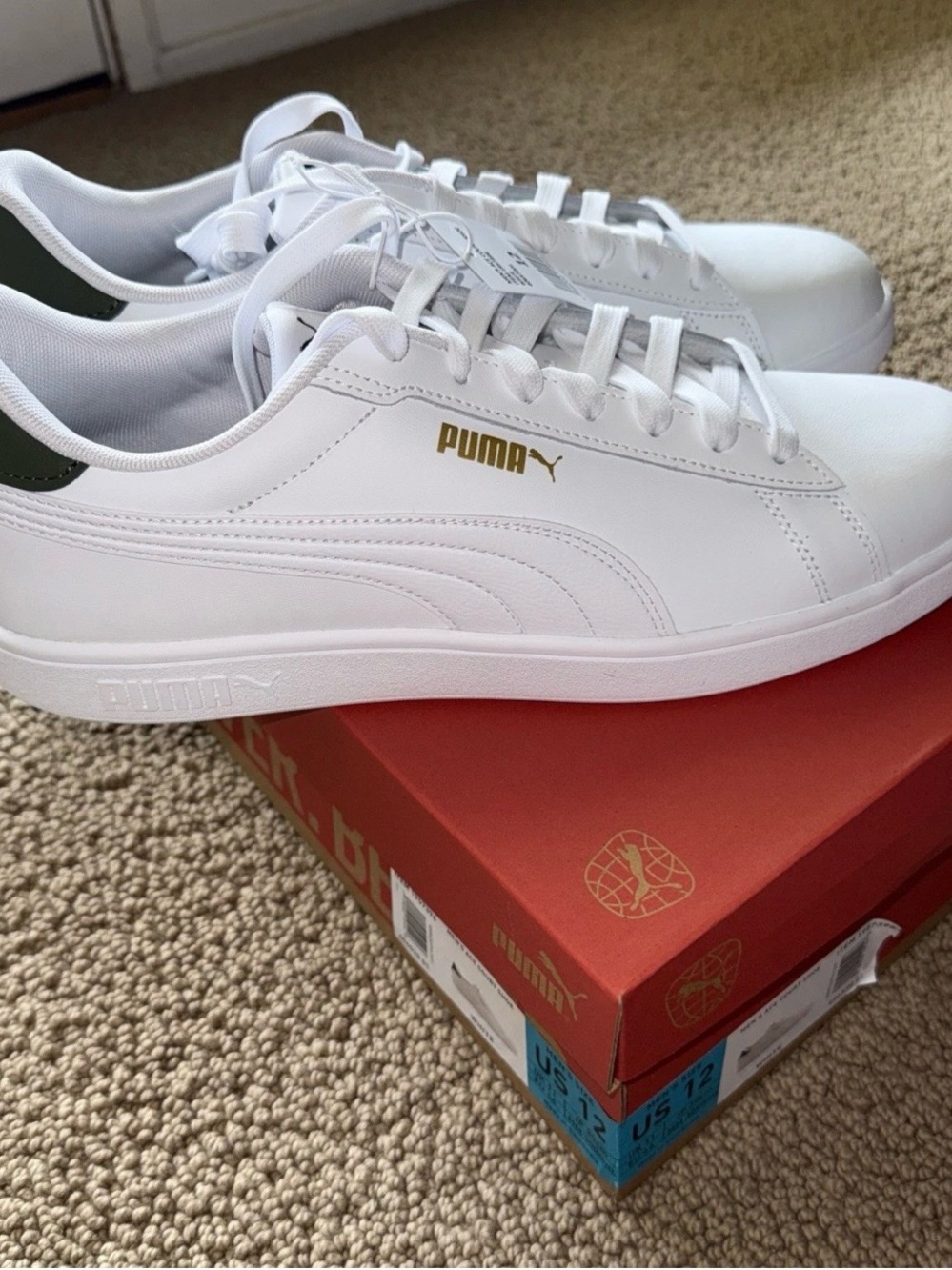 Puma White Sneakers with Green Heel and Gold Logo